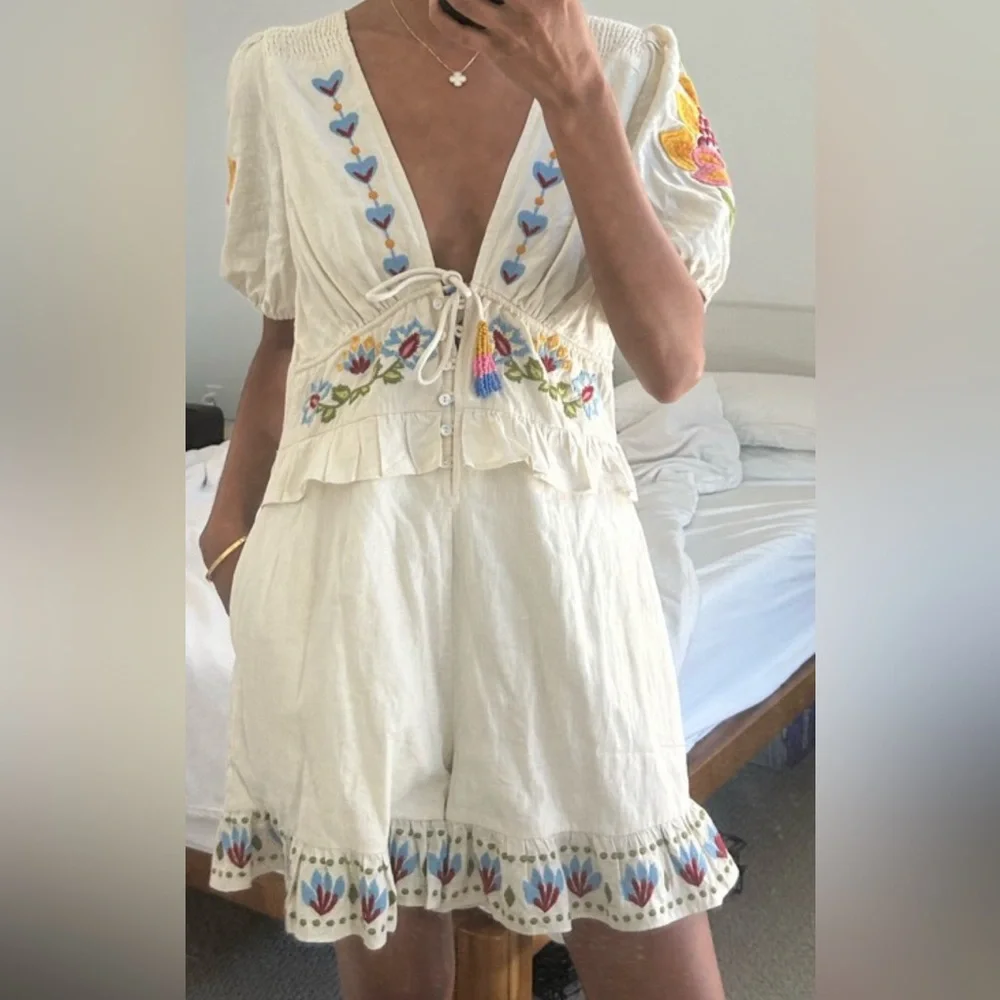 Anthropology x Farm Rio Embroidered Peplum Romper Summer Garden Size: Small - Picture 1 of 8